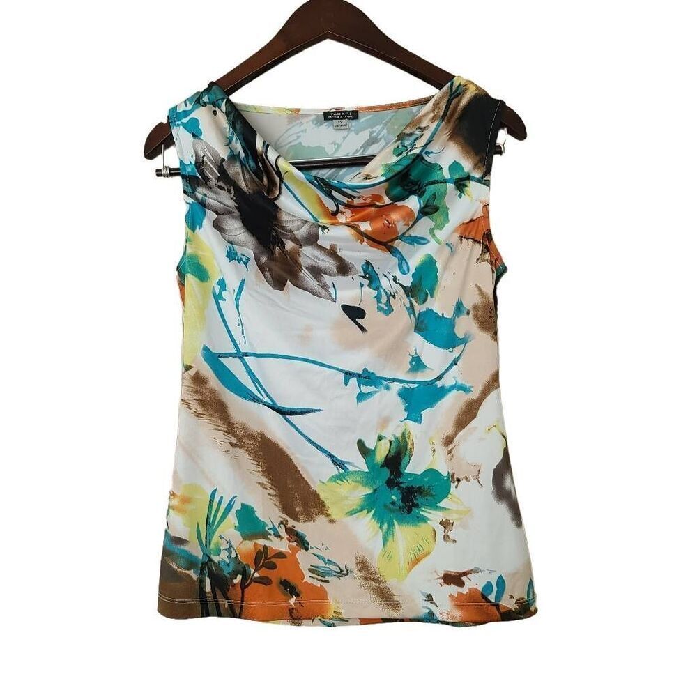 Tahari by Arthur Levine Women's Watercolor Floral Cowl Neck Sleeveless Blouse XS